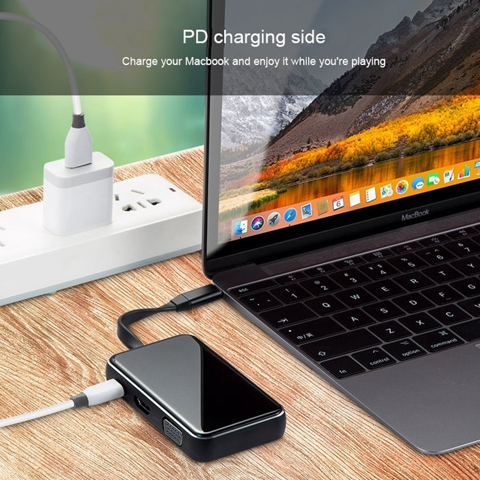 KZ-C-301 7 in 1 VGA Interface + PD Power Supply Port + HDMI HD Interface + 2 USB 3.0 Interface to USB-C / Type-C Interface Glass Surface Multifunction HUB Docking Station with SD & TF Card Slots(Black)