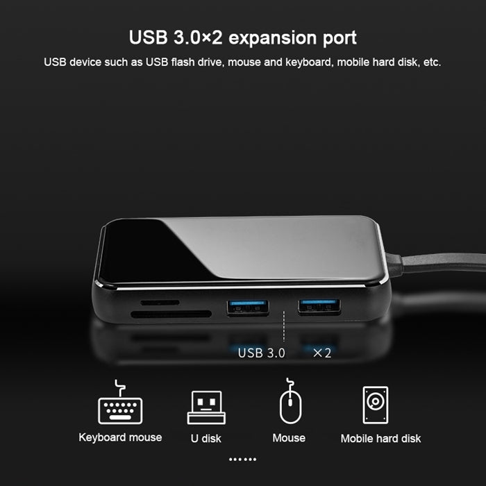 KZ-C-301 7 in 1 VGA Interface + PD Power Supply Port + HDMI HD Interface + 2 USB 3.0 Interface to USB-C / Type-C Interface Glass Surface Multifunction HUB Docking Station with SD & TF Card Slots(Black)