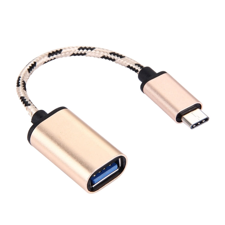 15cm Woven Style Metal Head USB-C / Type-C Male to USB 2.0 Female Data Cable(Gold)