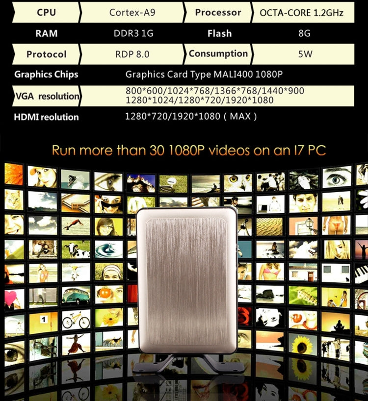 X6 Thin Client Mini PC with Holder, Cortex-A9 Octa-core up to 1.2GHz, 1GB RAM, 8GB ROM, Embedded Linux Kernel, Support Online Video Play up to 1080P HD(Gold)