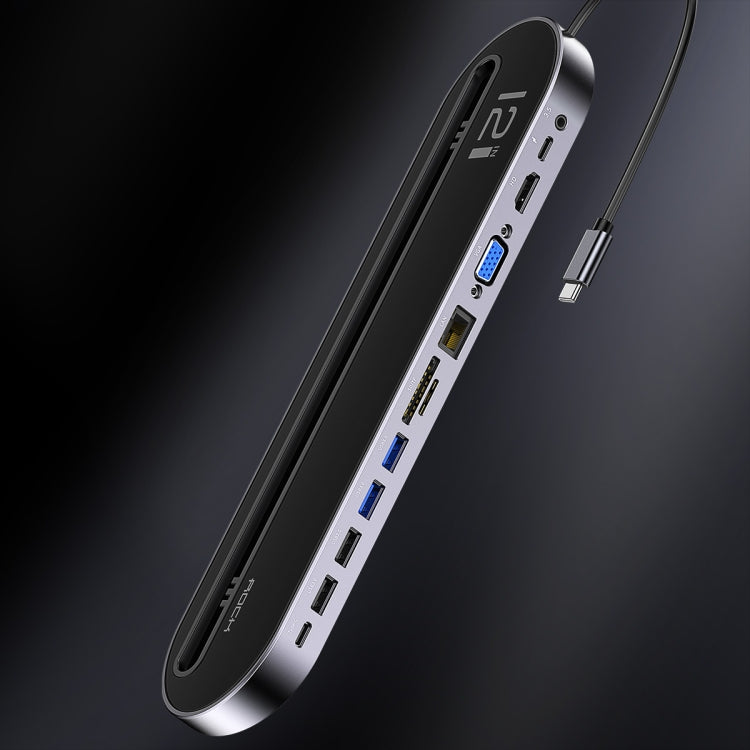 ROCK RCB0724 12 in 1 3 USB-C / Type-C + 2 USB 2.0 + 2 USB 3.0 + RJ45 Gigabit Ethernet Port + VGA + HDMI Multi-Function HUB Laptop Stand Base with SD / TF Card Slot & 3.5mm Jack