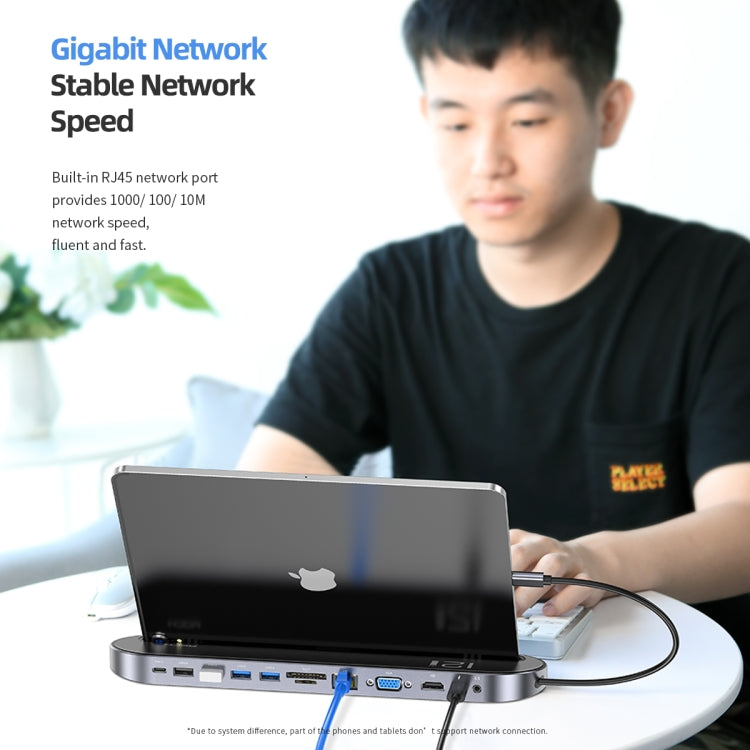 ROCK RCB0724 12 in 1 3 USB-C / Type-C + 2 USB 2.0 + 2 USB 3.0 + RJ45 Gigabit Ethernet Port + VGA + HDMI Multi-Function HUB Laptop Stand Base with SD / TF Card Slot & 3.5mm Jack