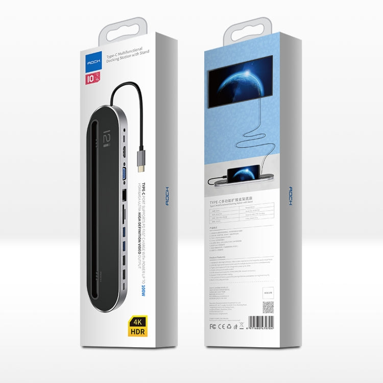 ROCK RCB0724 12 in 1 3 USB-C / Type-C + 2 USB 2.0 + 2 USB 3.0 + RJ45 Gigabit Ethernet Port + VGA + HDMI Multi-Function HUB Laptop Stand Base with SD / TF Card Slot & 3.5mm Jack