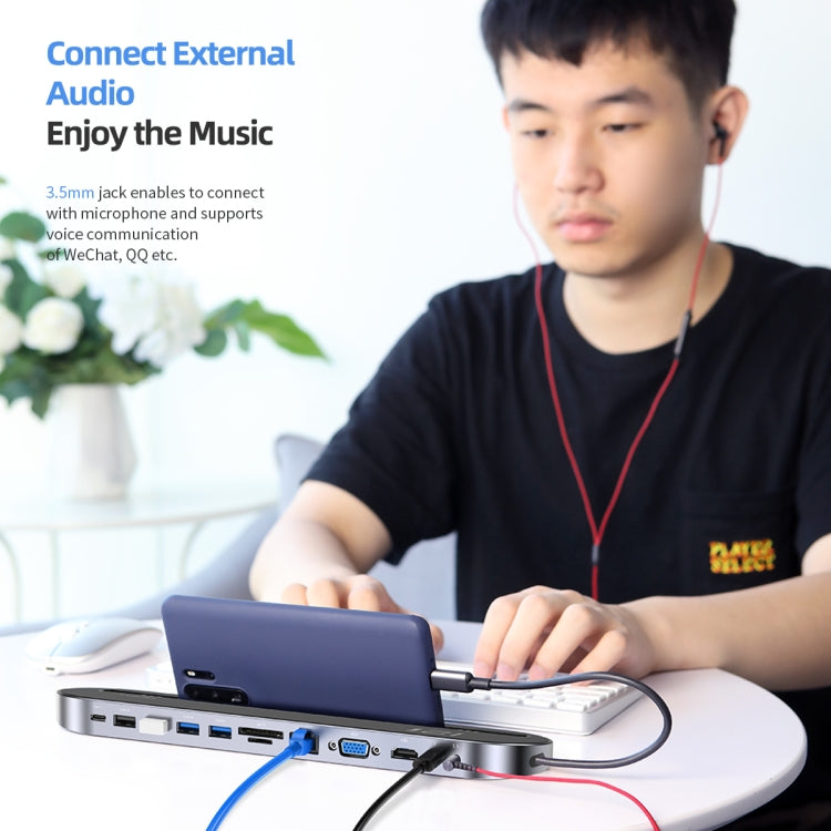 ROCK RCB0724 12 in 1 3 USB-C / Type-C + 2 USB 2.0 + 2 USB 3.0 + RJ45 Gigabit Ethernet Port + VGA + HDMI Multi-Function HUB Laptop Stand Base with SD / TF Card Slot & 3.5mm Jack