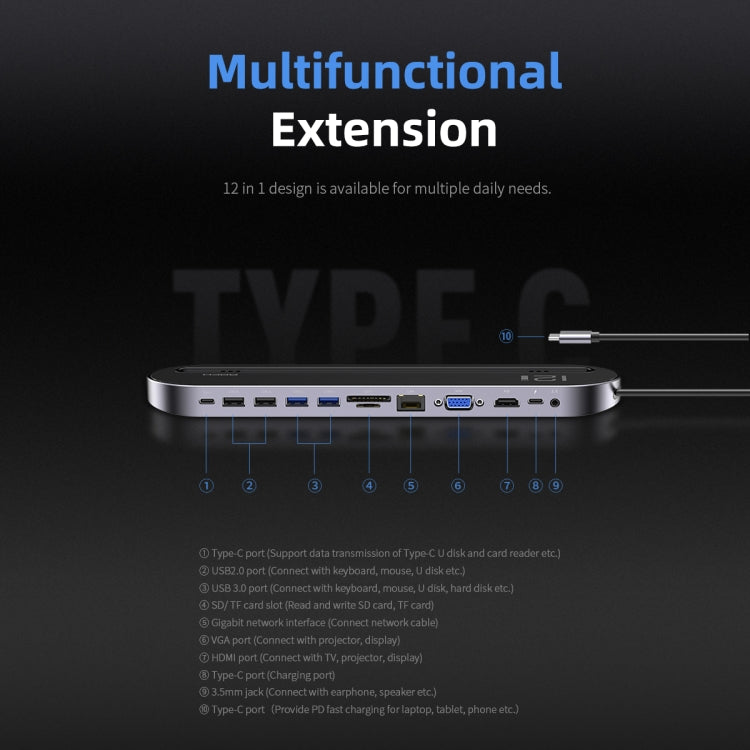 ROCK RCB0724 12 in 1 3 USB-C / Type-C + 2 USB 2.0 + 2 USB 3.0 + RJ45 Gigabit Ethernet Port + VGA + HDMI Multi-Function HUB Laptop Stand Base with SD / TF Card Slot & 3.5mm Jack