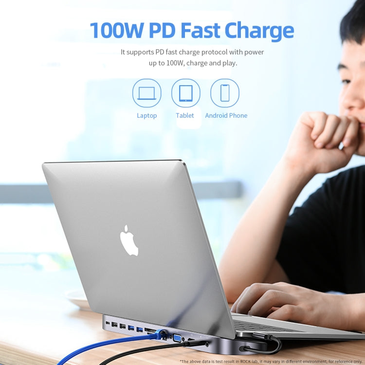 ROCK RCB0724 12 in 1 3 USB-C / Type-C + 2 USB 2.0 + 2 USB 3.0 + RJ45 Gigabit Ethernet Port + VGA + HDMI Multi-Function HUB Laptop Stand Base with SD / TF Card Slot & 3.5mm Jack