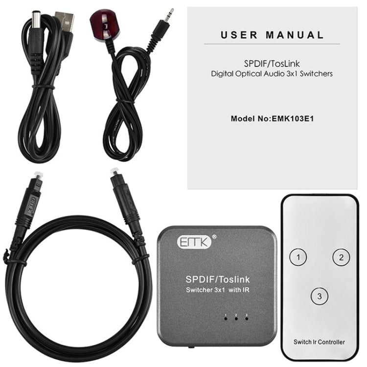 EMK SPDIF/TosLink Digital Optical Audio 3x1 Switcher with IR Controller (Grey)