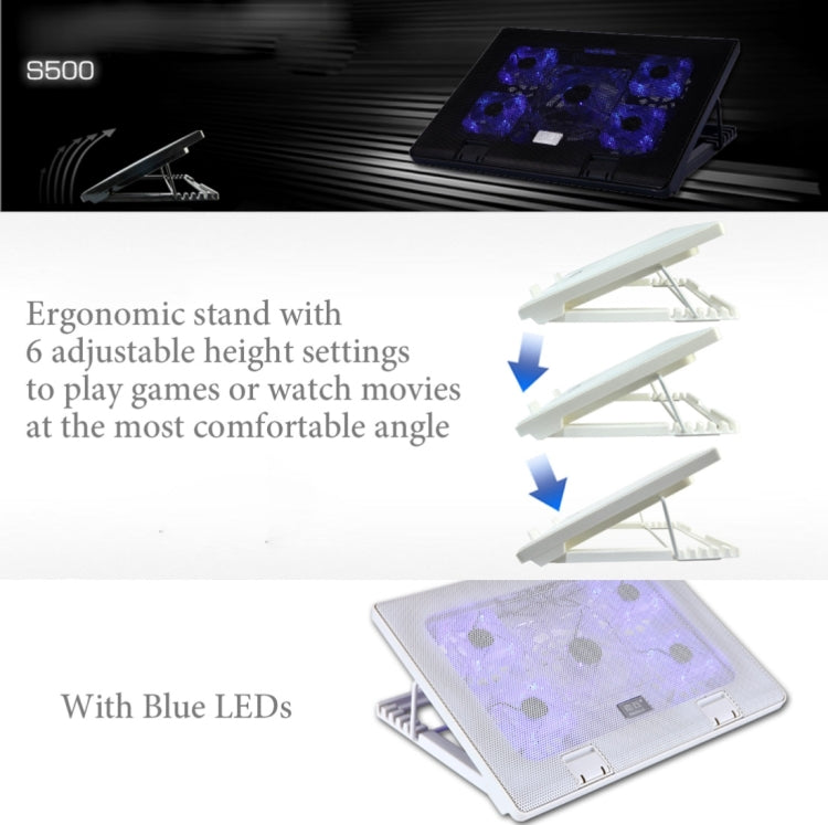 NUOXI S500 5 Fans Ultra Silent CPU Notebook Computer Cooling Base USB Cooler Pad with 2 x USB Ports & 2 Switchs