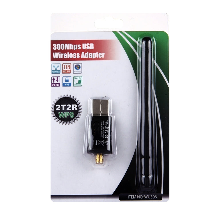 WU306 300Mbps USB 2.0 Wifi Wireless Adapter + Antenna, 2T2R WPS Wireless 802.11N, 64/128Bit WEP, WAP, WAP2