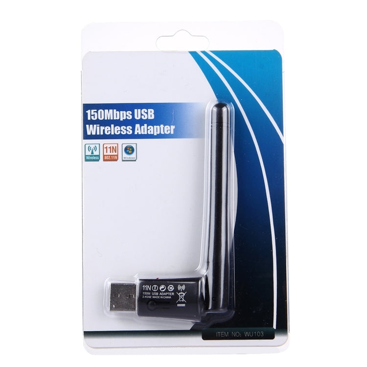 WU103 USB 2.0 150Mbps 2.4GHz WiFi Wireless Adapter + Antenna, IEEE 802.11b / 802.11g / 802.11n, 64/128Bit WEP, WAP, WAP2