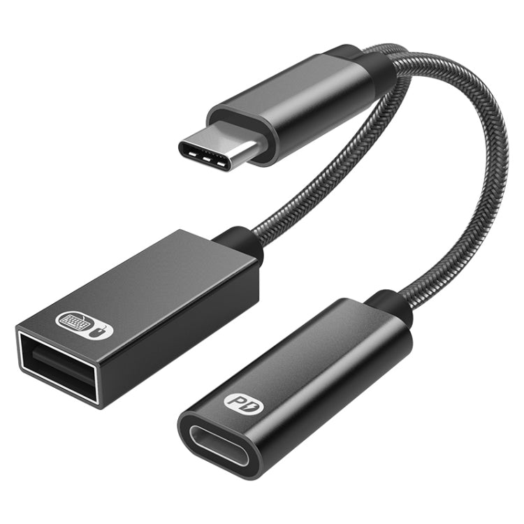 TA2Q USB-C / Type-C Male to PD 60W USB-C / Type-C Charging + USB 2.0 Female OTG Adapter
