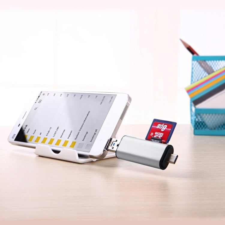 USB-C / Type-C 3.1 to USB 3.0 + Micro USB + SD(HC) + Micro SD Card Reader Adapter, For Galaxy S8 & S8 + / LG G6 / Huawei P10 & P10 Plus / Xiaomi Mi6 & Max 2 and other Smartphones(Silver)