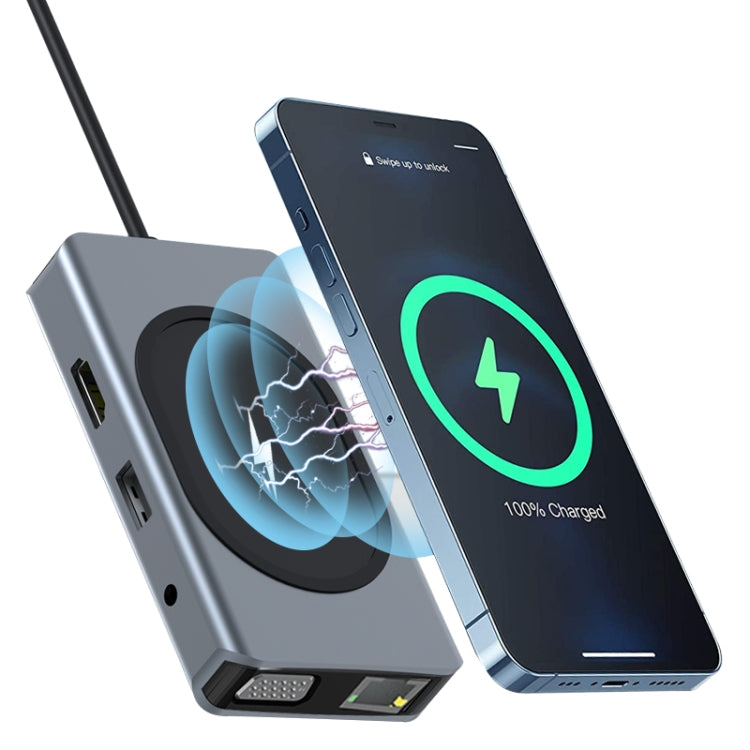 9 in 1 RJ45 + VGA + SD/TF + USB3.0 + PD + HDMI + USB2.0 + Audio to USB-C / Type-C HUB Adapter with Wireless Charger