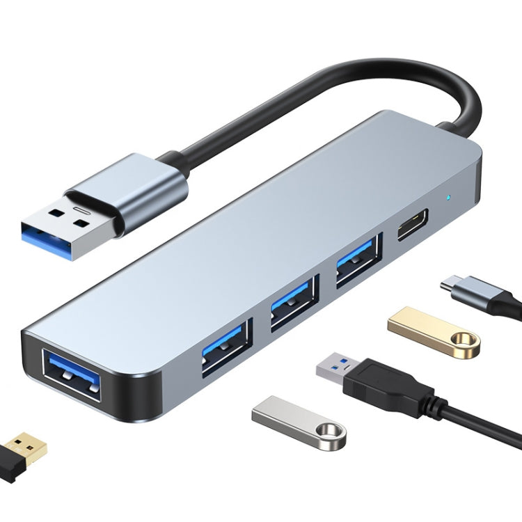 BYL-2301U 5 in 1 USB to USB3.0+USB2.0x3+USB-C / Type-C HUB Adapter, Cable Length: 10cm