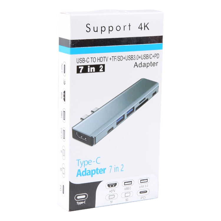 BYL-2101 7 in 1 Dual USB-C / Type-C to USB Docking Station HUB Adapter (Silver)