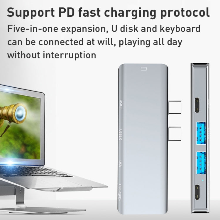 YG-2102 5 in 1 Dual USB-C / Type-C to USB Docking Station HUB Adapter (Silver)