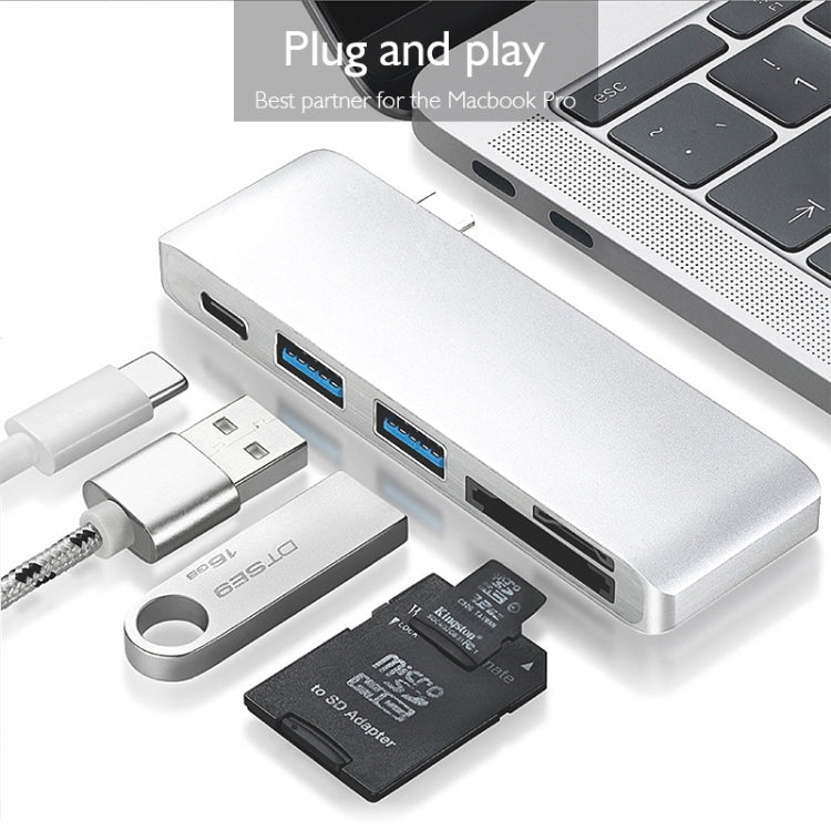 basix T5 5 in 1 USB-C / Type-C to 2 USB 3.0 + USB-C / Type-C Interfaces HUB Adapter with Micro SD / SD Card Slots (Silver)