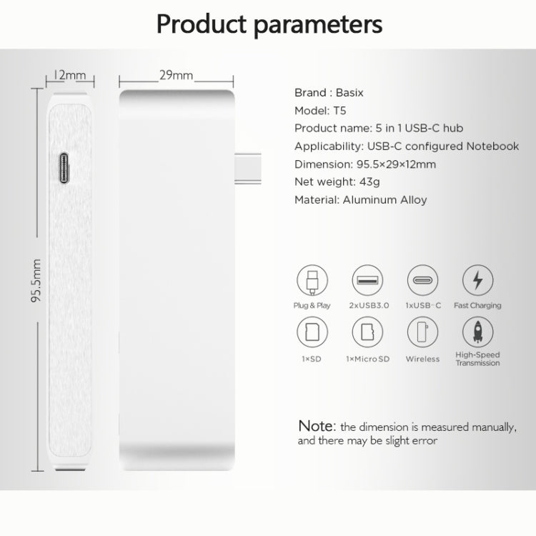 basix T5 5 in 1 USB-C / Type-C to 2 USB 3.0 + USB-C / Type-C Interfaces HUB Adapter with Micro SD / SD Card Slots (Silver)