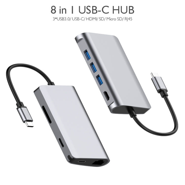 basix T7 8 in 1 USB-C / Type-C to 3 USB 3.0 + USB-C / Type-C + HDMI + RJ45 Network Interfaces HUB Adapter with Micro SD / SD Card Slots(Grey)