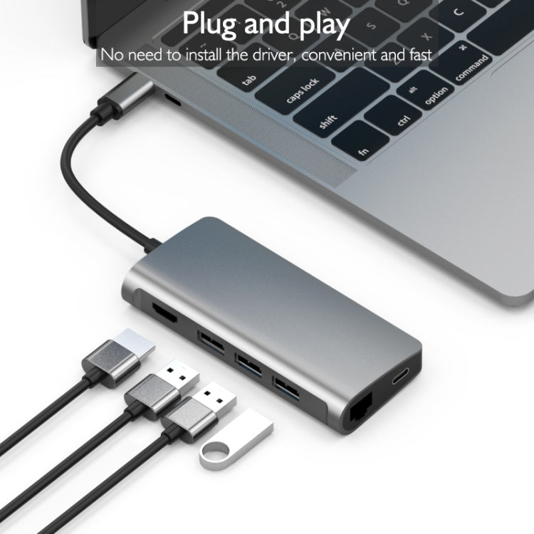 basix T7 8 in 1 USB-C / Type-C to 3 USB 3.0 + USB-C / Type-C + HDMI + RJ45 Network Interfaces HUB Adapter with Micro SD / SD Card Slots(Grey)