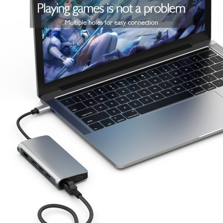 basix T7 8 in 1 USB-C / Type-C to 3 USB 3.0 + USB-C / Type-C + HDMI + RJ45 Network Interfaces HUB Adapter with Micro SD / SD Card Slots(Grey)