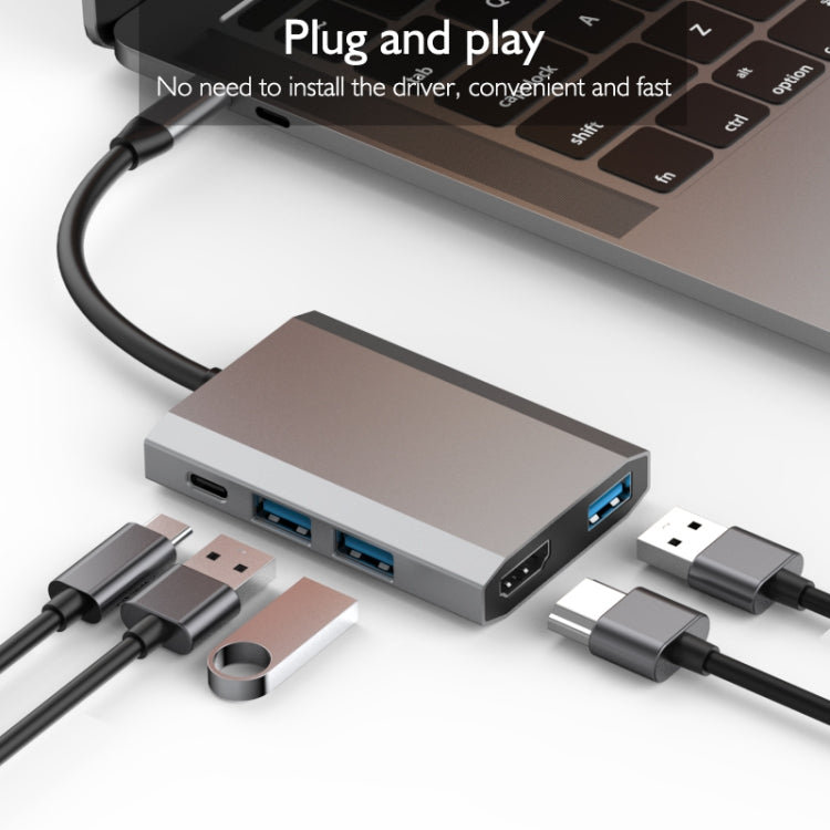 basix TW5A 5 in 1 USB-C / Type-C to 3 USB 3.0 + USB-C / Type-C + HDMI Interfaces HUB Adapter (Grey)