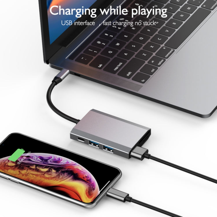 basix TW6A 6 in 1 USB-C / Type-C to 2 USB 3.0 + USB-C / Type-C + HDMI Interfaces HUB Adapter with Micro SD / SD Card Slots (Grey)