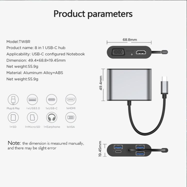 basix TW8R 8 in 1 USB-C / Type-C to 3 USB 3.0 + USB-C / Type-C + HDMI + VGA Interfaces HUB Adapter with Micro SD Card Slot & 3.5mm AUX (Grey)