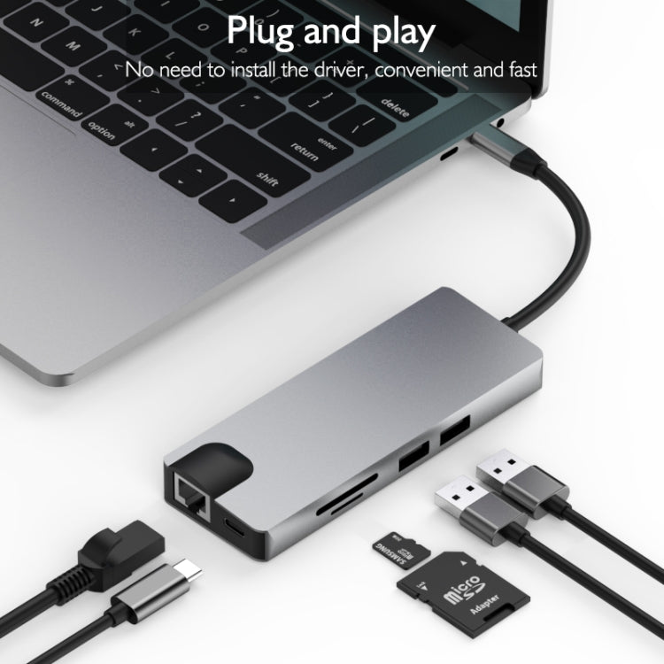 basix TW9R 9 in 1 USB-C / Type-C to 2 USB 3.0 + USB-C / Type-C + HDMI + VGA + RJ45 Network Interfaces HUB Adapter with Micro SD / SD Card Slots (Grey)