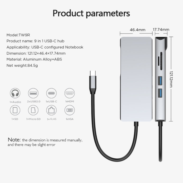 basix TW9R 9 in 1 USB-C / Type-C to 2 USB 3.0 + USB-C / Type-C + HDMI + VGA + RJ45 Network Interfaces HUB Adapter with Micro SD / SD Card Slots (Grey)