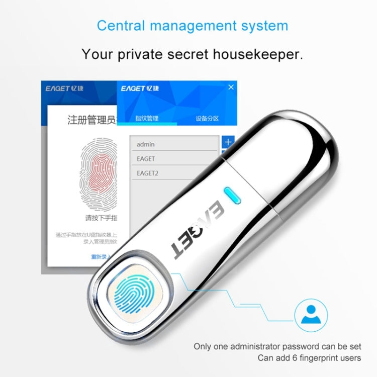 EAGET FU60 64GB USB 3.0 Fingerprint Encryption Password U Disk (Silver)