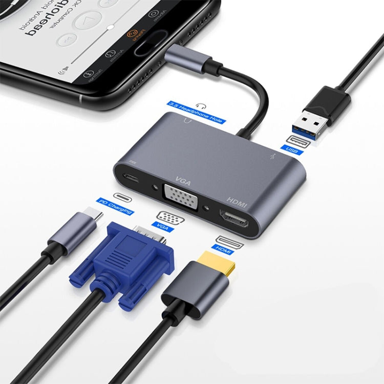 5 in 1 USB-C / Type-C to USB 3.0 + 3.5mm + PD + VGA + HDMI HUB Adapter