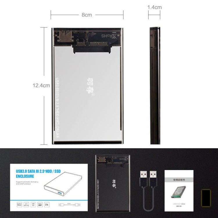 SATA 2.5 inch USB 3.0 Interface Push Cover External Transparent Solid State Drive Enclosure, The Maximum Support Capacity: 3TB