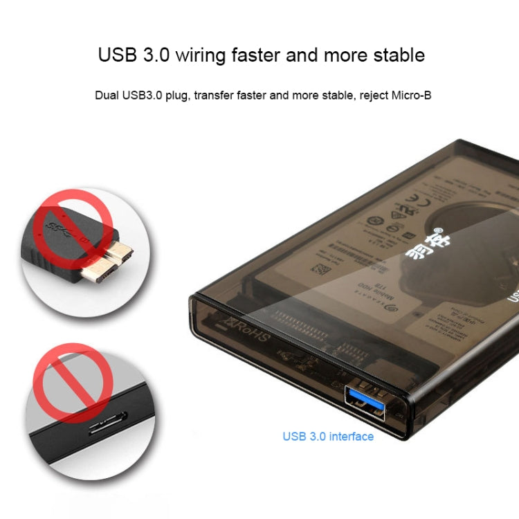 SATA 2.5 inch USB 3.0 Interface Push Cover External Transparent Solid State Drive Enclosure, The Maximum Support Capacity: 3TB