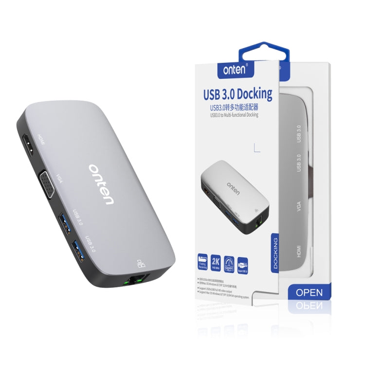 Onten 5202B 5 in 1 USB to VGA + HDMI + Gigabit Ethernet + Two USB3.0 Ports Multi-function HUB Converter Dock Station