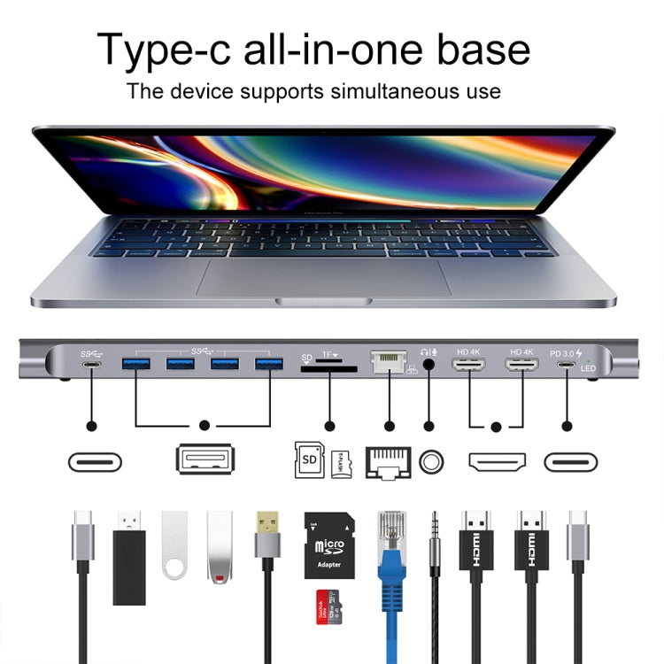 9199 12 in 1 USB-C / Type-C to USB-C / Type-C + TF / SD Card Slot + RJ45 + 3.5mm Audio + PD USB-C / Type-C Charging + 2 HDMI + 4 USB 3.0 Ports Multifunctional HUB Converter Docking Station
