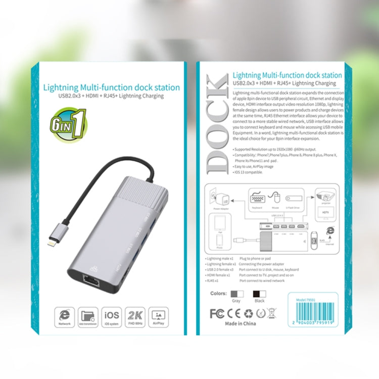 79591 6 in 1 8 Pin to RJ45 + HDMI + 8 Pin Charging + 3 USB 2.0 Ports Multifunctional HUB Converter Docking Station