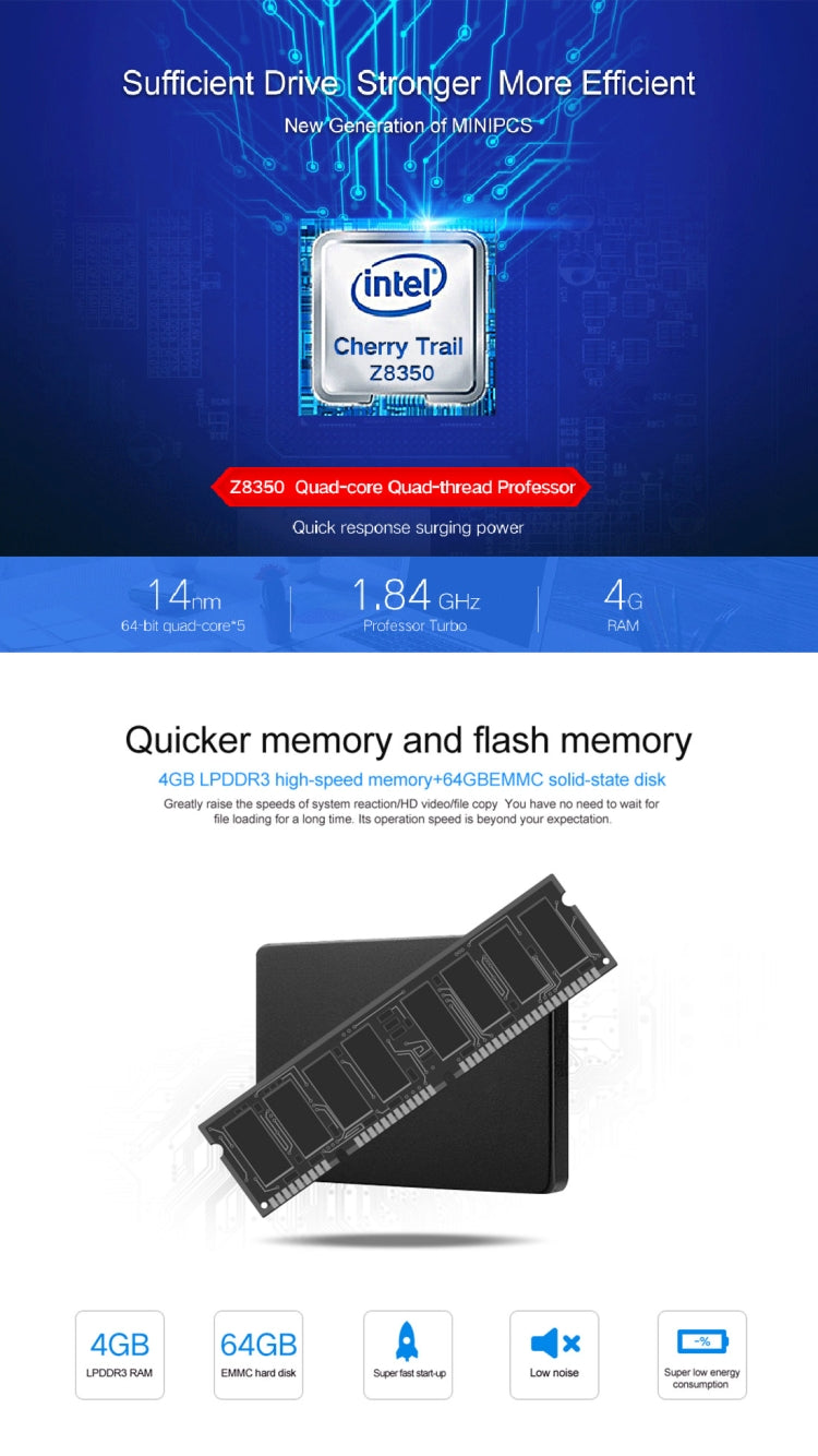 CENAVA MINIPCS Windows 10 Home Mini PC, Intel Atom x5-Z8350 Quad-core Up to 1.92GHz, RAM: 4GB, ROM: 64GB, Support WiFi, Bluetooth 4.0, TF Card, US/EU Plug