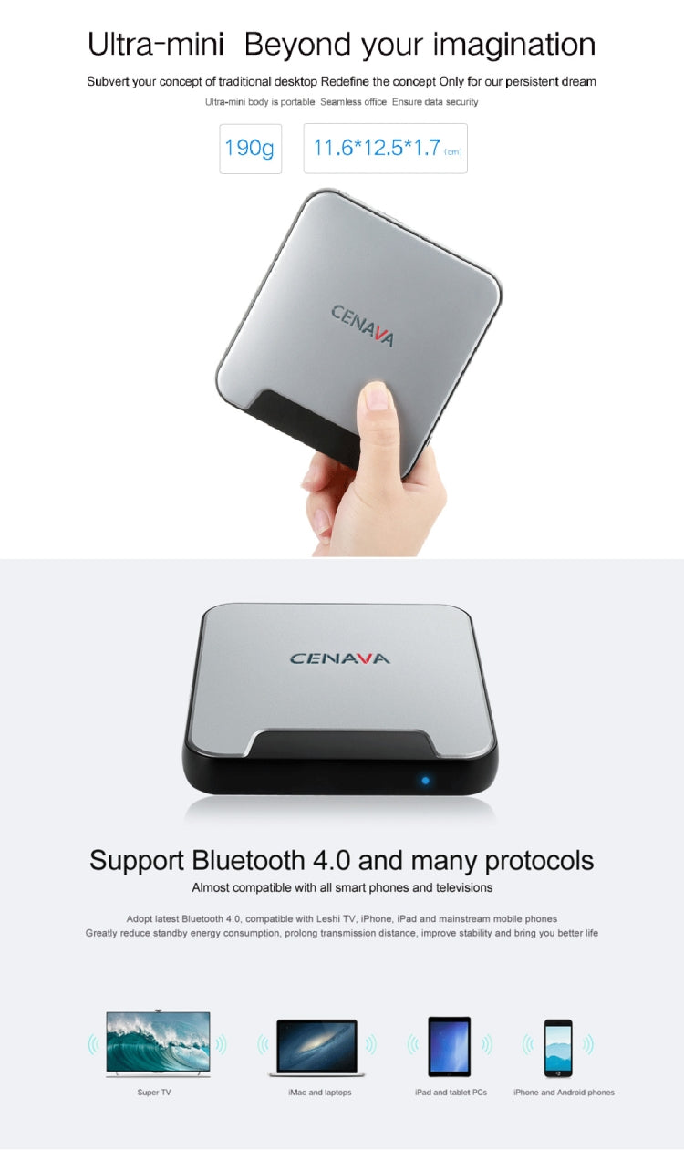 CENAVA MINIPCS Windows 10 Home Mini PC, Intel Atom x5-Z8350 Quad-core Up to 1.92GHz, RAM: 4GB, ROM: 64GB, Support WiFi, Bluetooth 4.0, TF Card, US/EU Plug