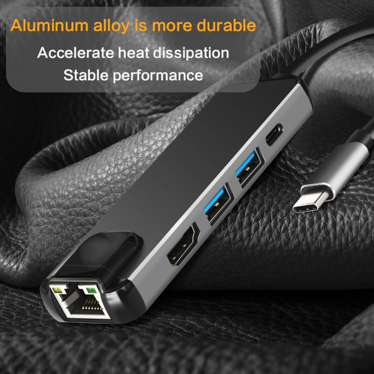 5 in 1 Type-C to HDMI + USB 3.0 + USB 3.0 + Type-C + LAN Card Reader Adapter(Grey)