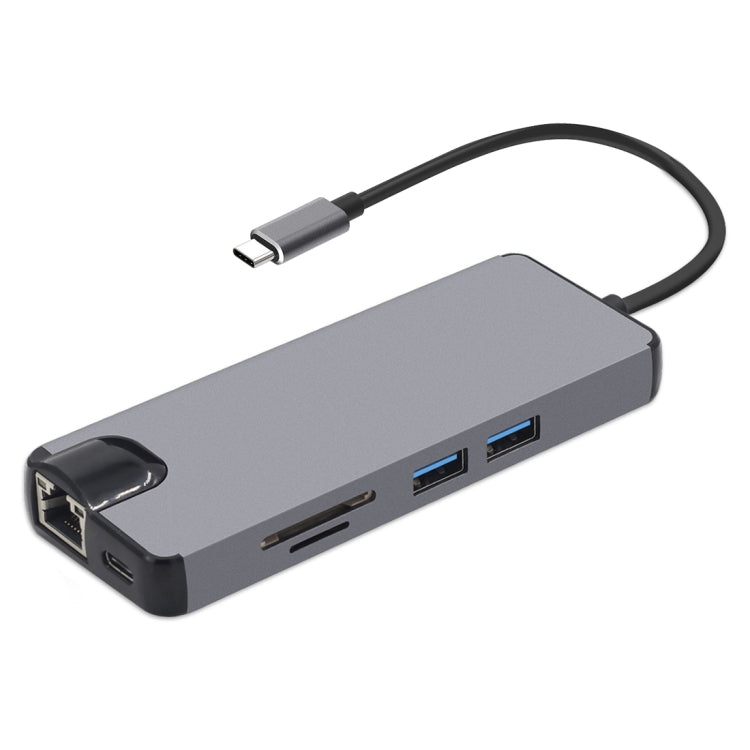 8 in 1 Type-C to HDMI + USB 3.0 + USB 3.0 + Type-C + LAN + VGA + TF/SD Card Reader Adapter(Grey)