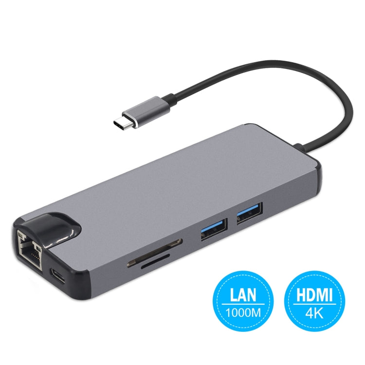 8 in 1 Type-C to HDMI + USB 3.0 + USB 3.0 + Type-C + LAN + VGA + TF/SD Card Reader Adapter(Grey)