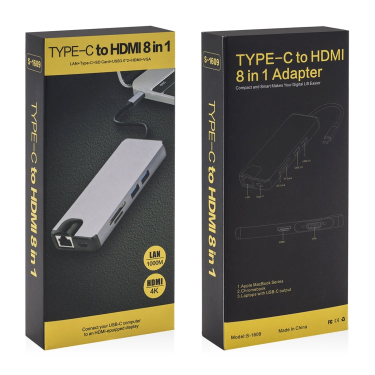 8 in 1 Type-C to HDMI + USB 3.0 + USB 3.0 + Type-C + LAN + VGA + TF/SD Card Reader Adapter(Grey)