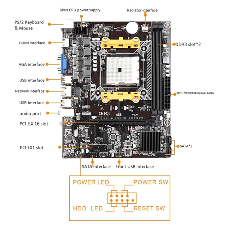 A55 Dual Channel DDR3 Desktop Computer Mainboard, Support for AMD A8 / A6 / A4 Quad-core Processor, Integrated Graphics