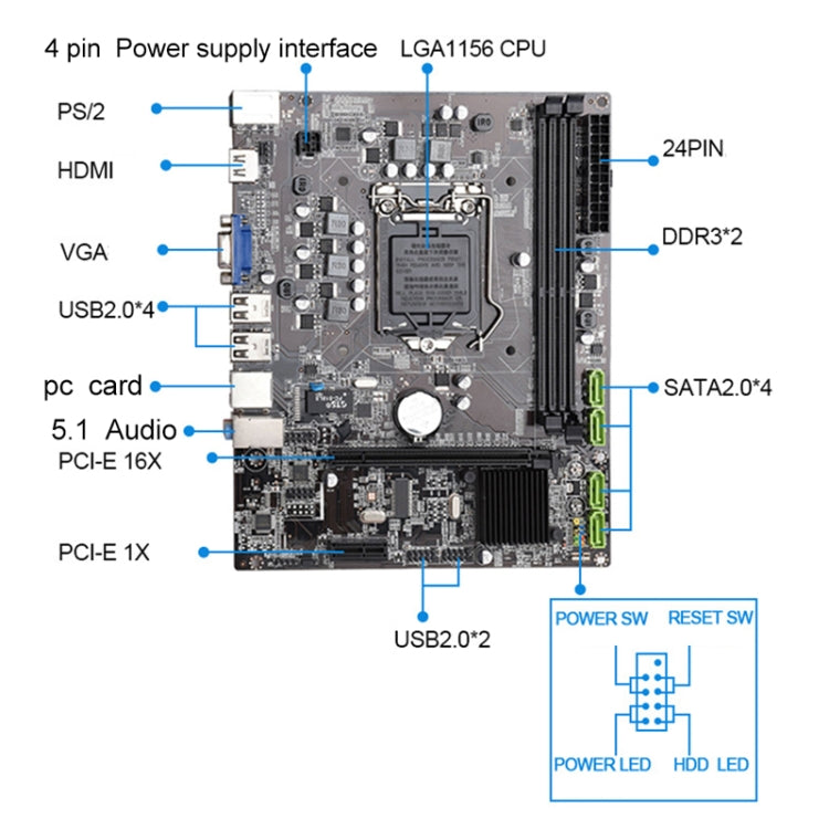 H55 LGA 1156 DDR3 Desktop Computer Mainboard, Support for Intel Core i7 / i5 / i3 CPU, Integrated Graphics