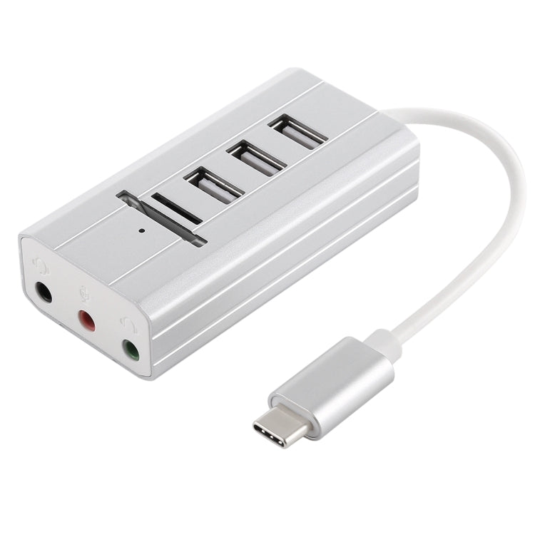 Multi-function SD / TF Card Slot + 3.5mm Audio Port + 3 x USB 2.0 Ports to USB-C / Type-C HUB Aluminum Alloy Sound Card (Silver)
