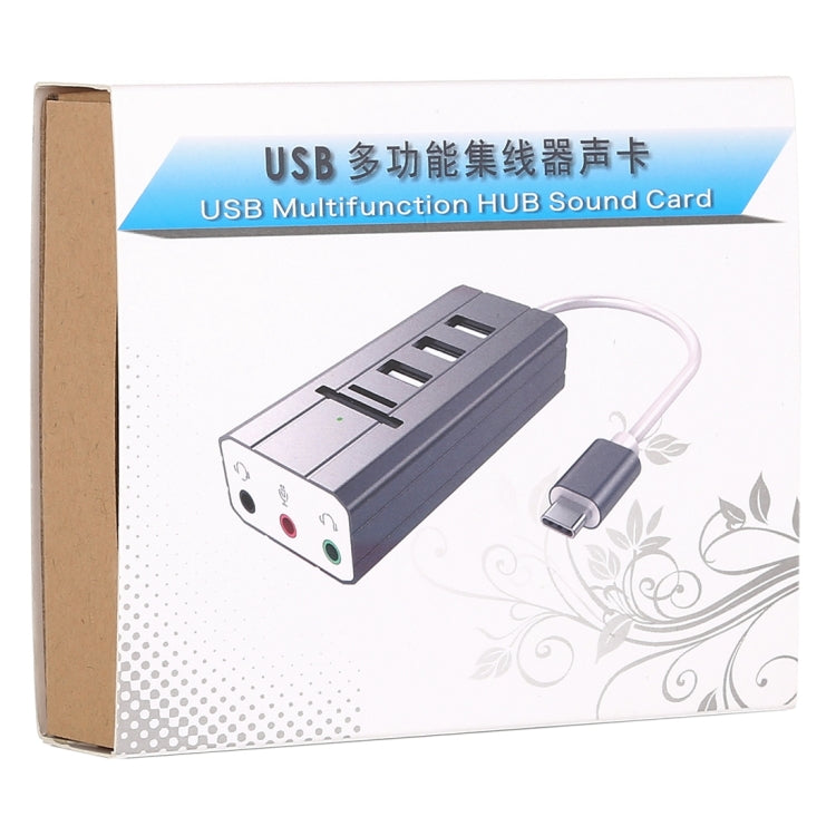 Multi-function SD / TF Card Slot + 3.5mm Audio Port + 3 x USB 2.0 Ports to USB-C / Type-C HUB Aluminum Alloy Sound Card (Silver)