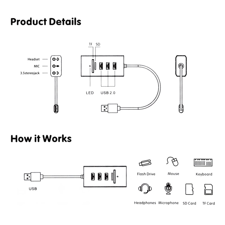 Multi-function SD / TF Card Slot + 3.5mm Audio Port + 3 x USB 2.0 Ports to USB HUB Aluminum Alloy Sound Card(Silver)