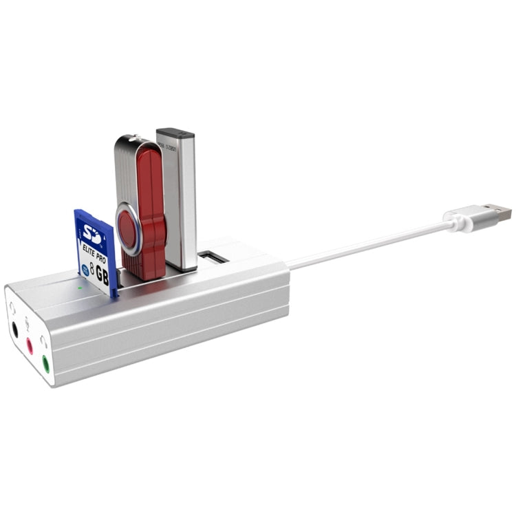 Multi-function SD / TF Card Slot + 3.5mm Audio Port + 3 x USB 2.0 Ports to USB HUB Aluminum Alloy Sound Card(Silver)