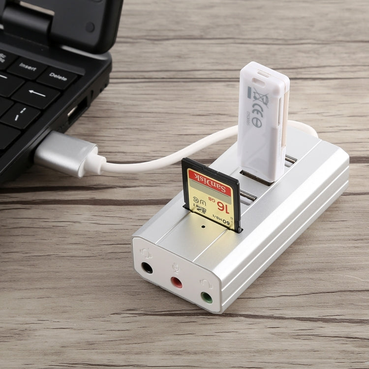 Multi-function SD / TF Card Slot + 3.5mm Audio Port + 3 x USB 2.0 Ports to USB HUB Aluminum Alloy Sound Card(Silver)